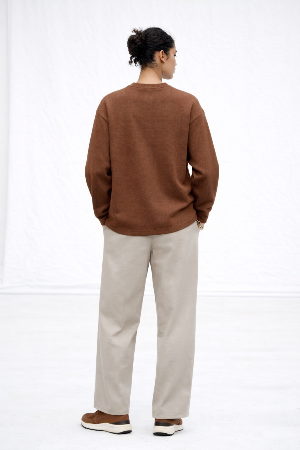 Brown Cotton Waffle Knit T-shirt for Women