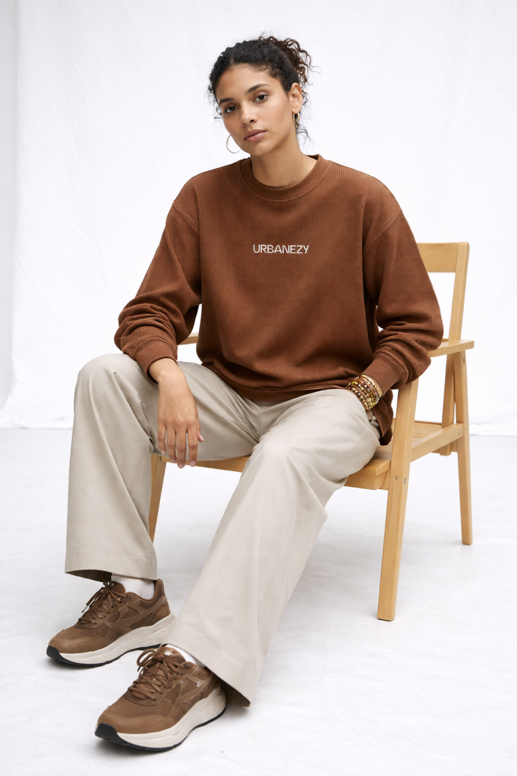 Brown Cotton Waffle Knit T-shirt for Women