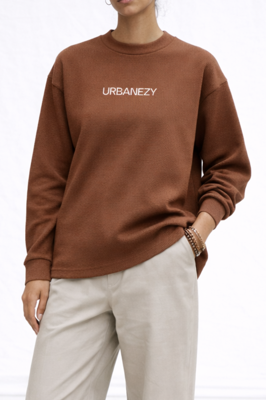 Brown Cotton Waffle Knit T-shirt for Women