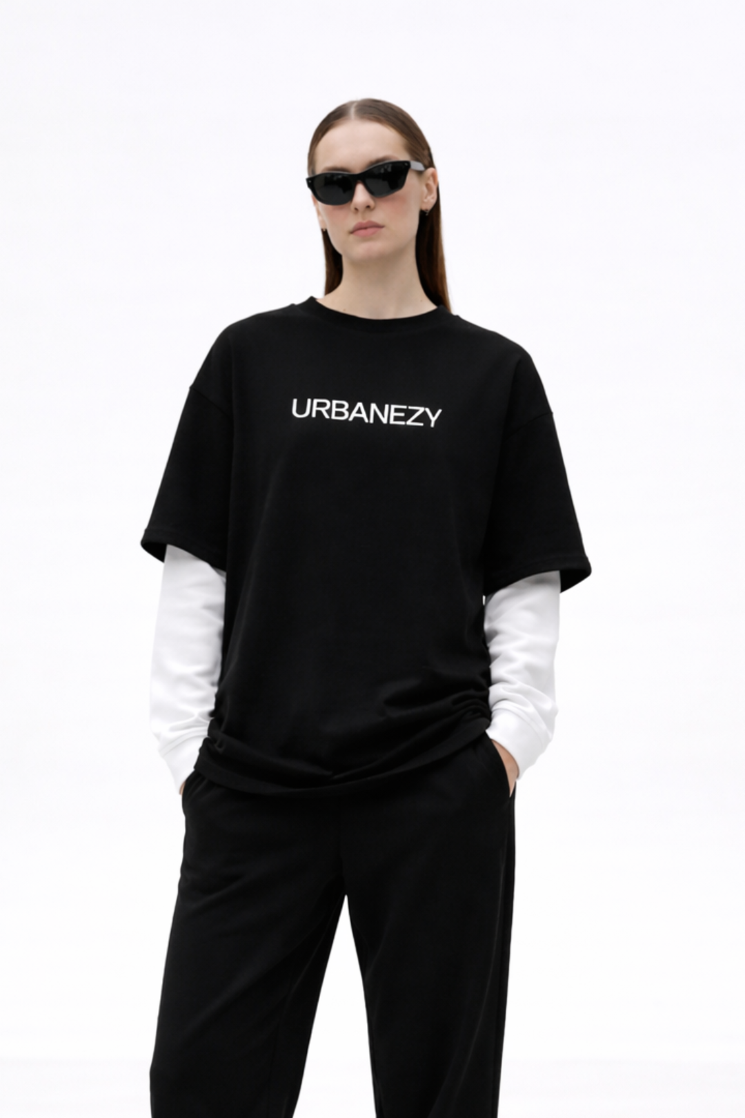 Black oversize t-shirt with attached sleeve for Women