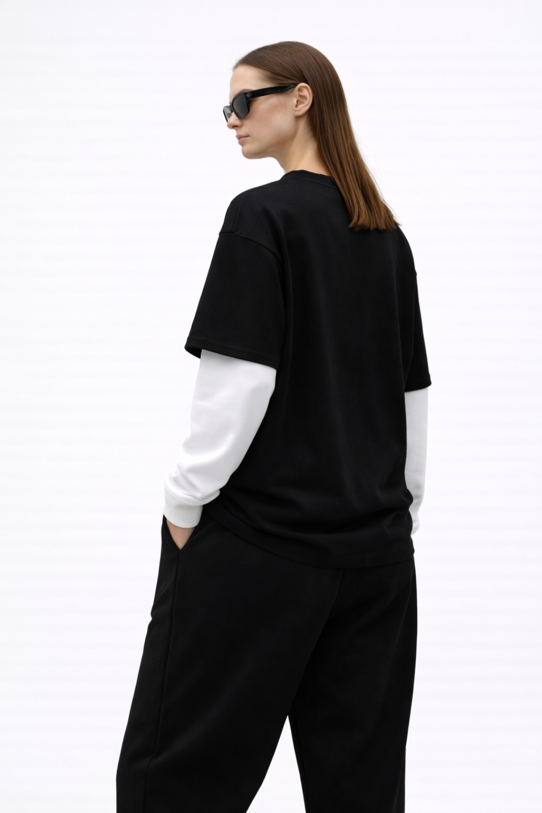 Black oversize t-shirt with attached sleeve for Women