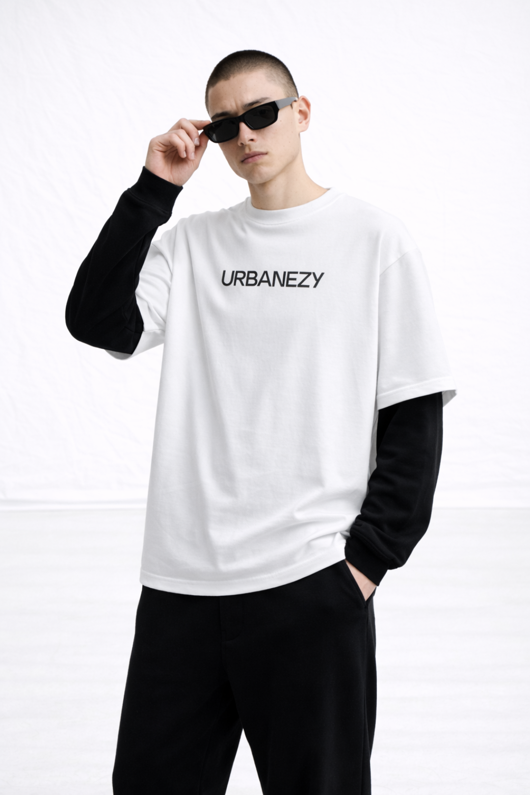 White Oversize t-shirt with attached sleeve- Men