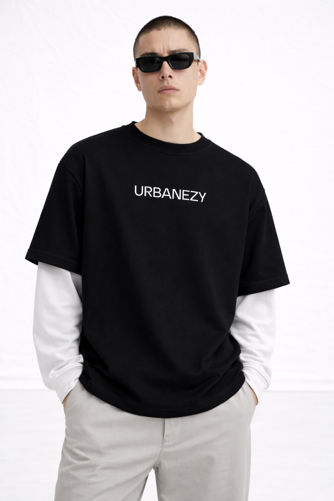 Black oversize t-shirt with attached sleeve- Men