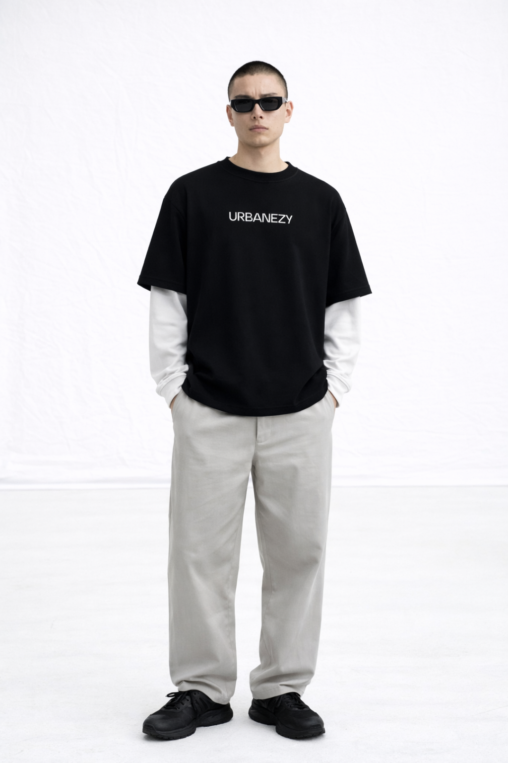 Black oversize t-shirt with attached sleeve- Men
