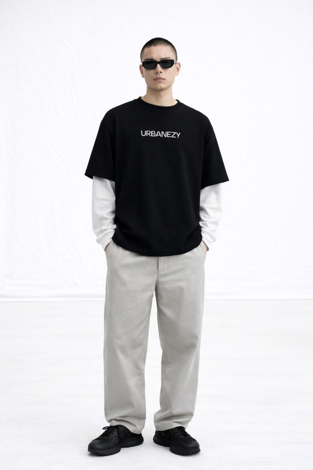 Black oversize t-shirt with attached sleeve- Men