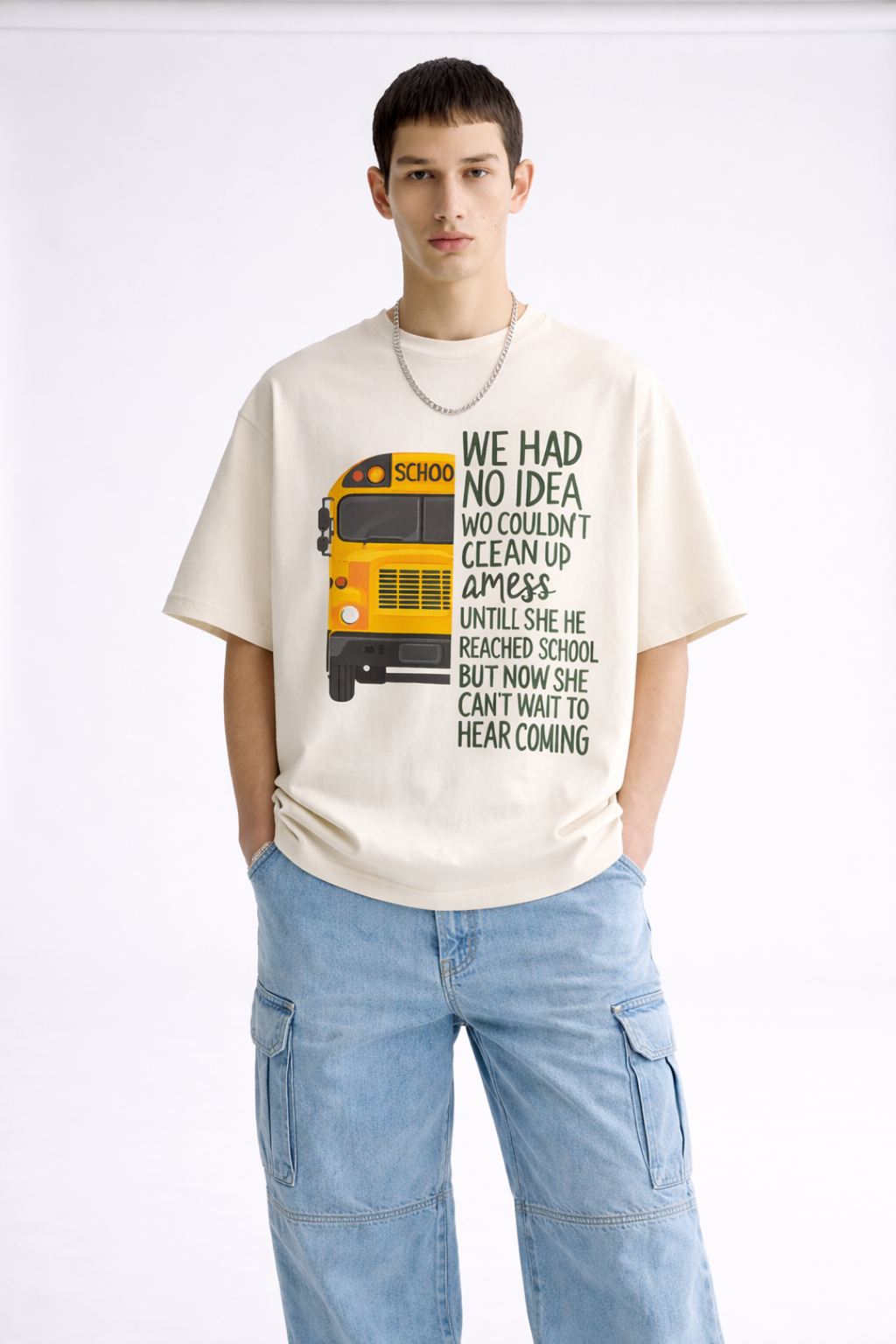 School Bus Beige Oversized Cotton T-Shirt- Unisex