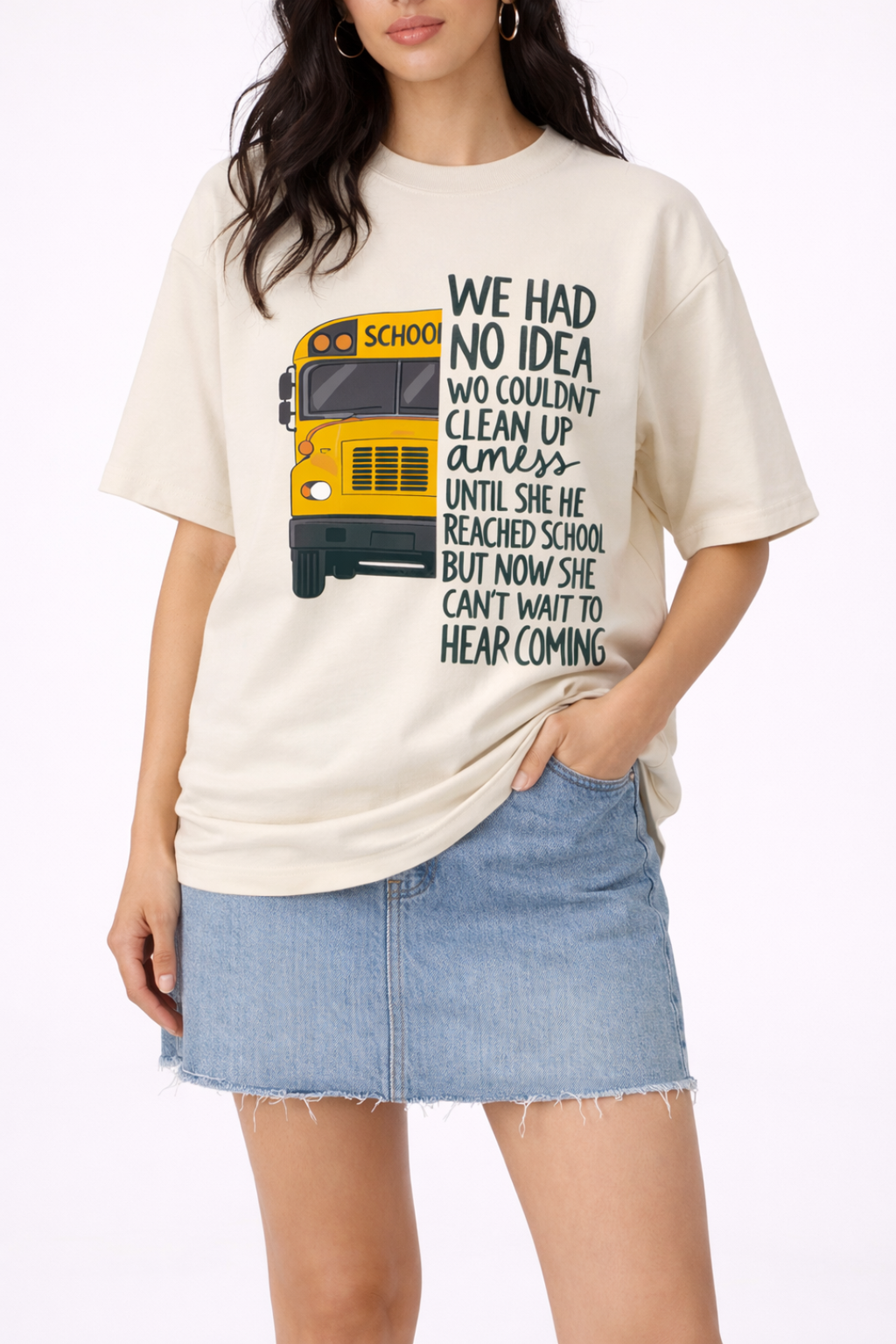 School Bus Beige Oversized Cotton T-Shirt- Women