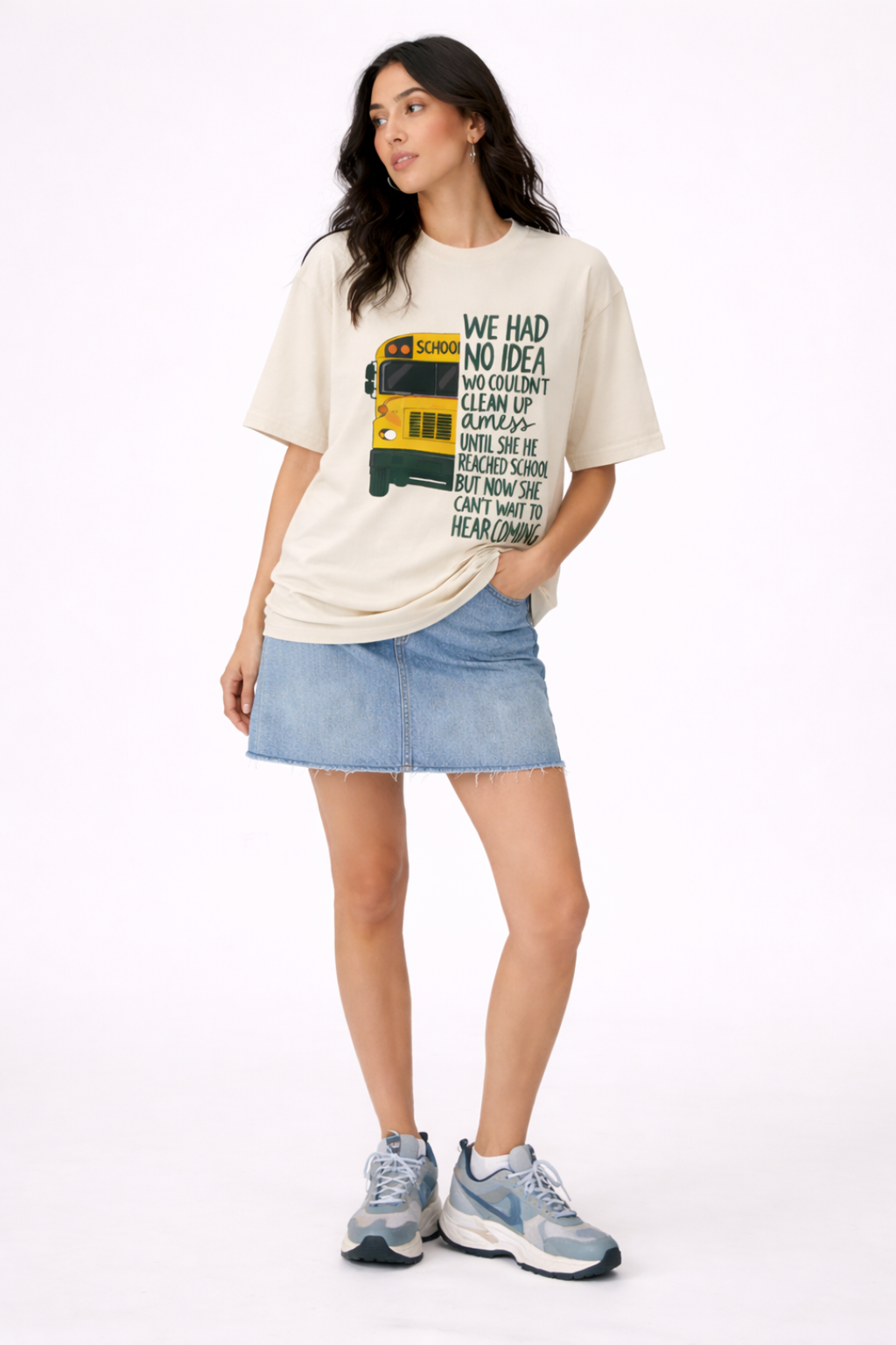 School Bus Beige Oversized Cotton T-Shirt- Women