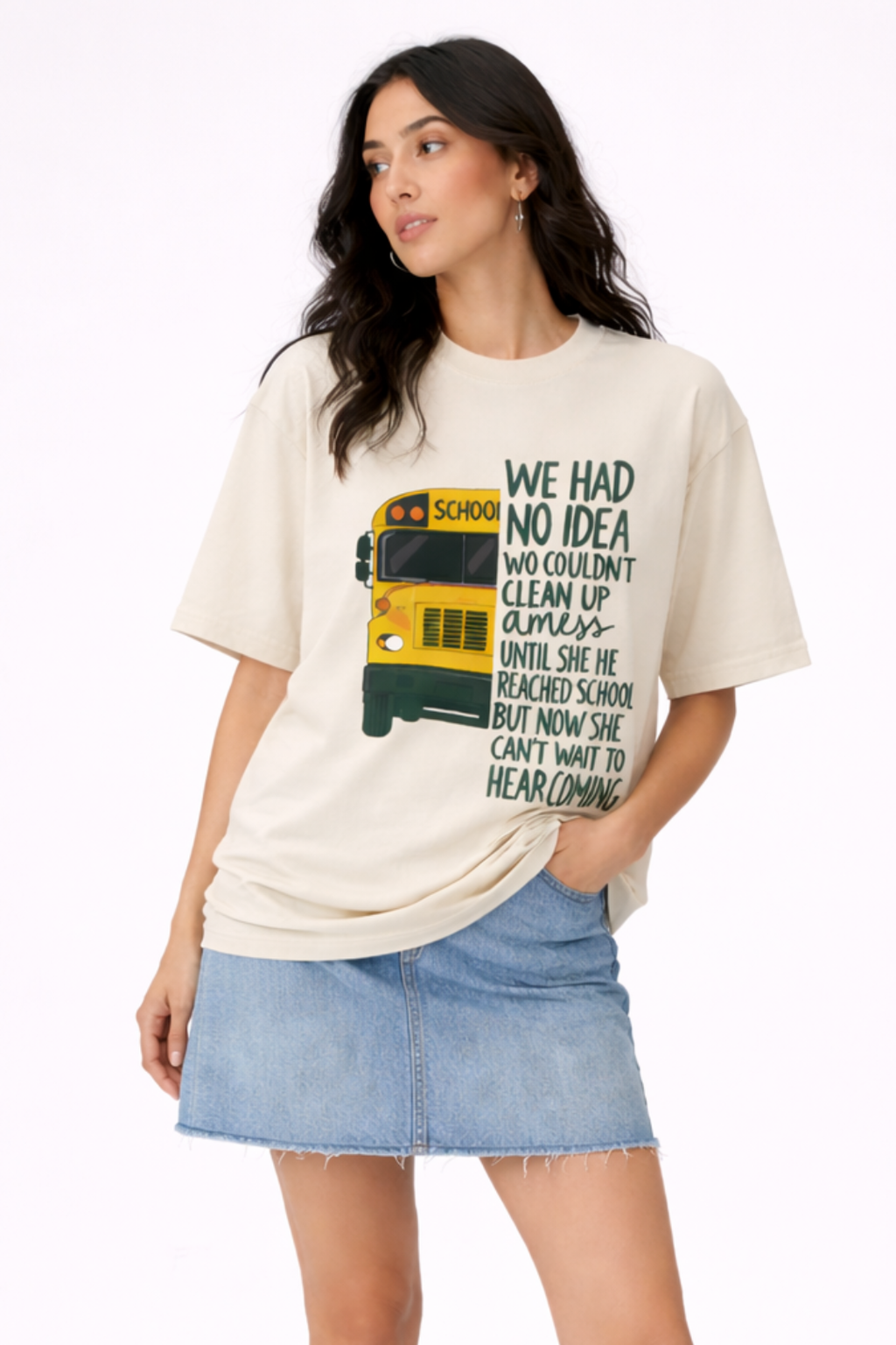 School Bus Beige Oversized Cotton T-Shirt- Women