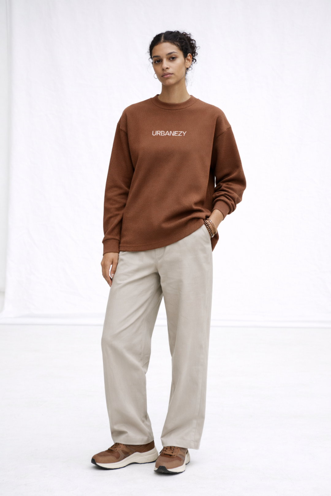 Brown Cotton Waffle Knit T-shirt for Women