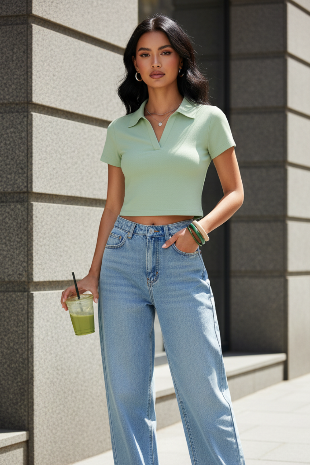 Women Sage Green Cotton Polo T-shirt