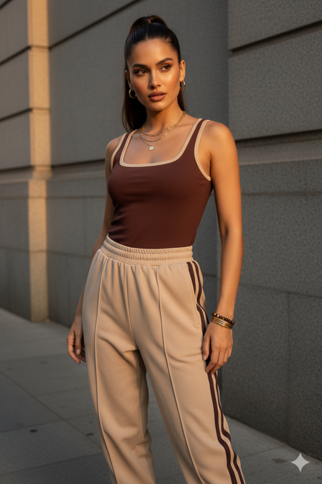 Women Brown Ribbed Tank Top– Cotton Blend