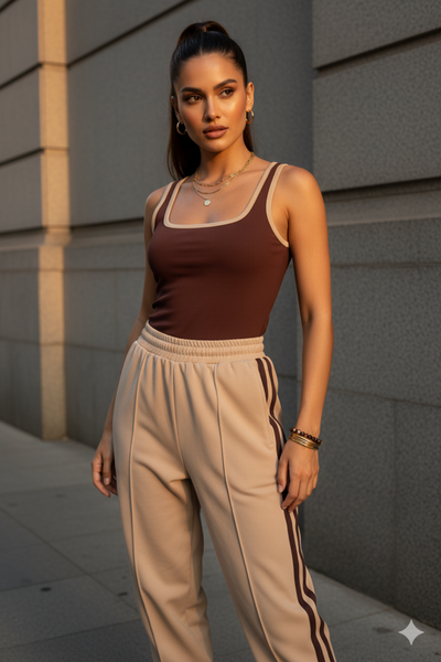 Women Brown Ribbed Tank Top– Cotton Blend