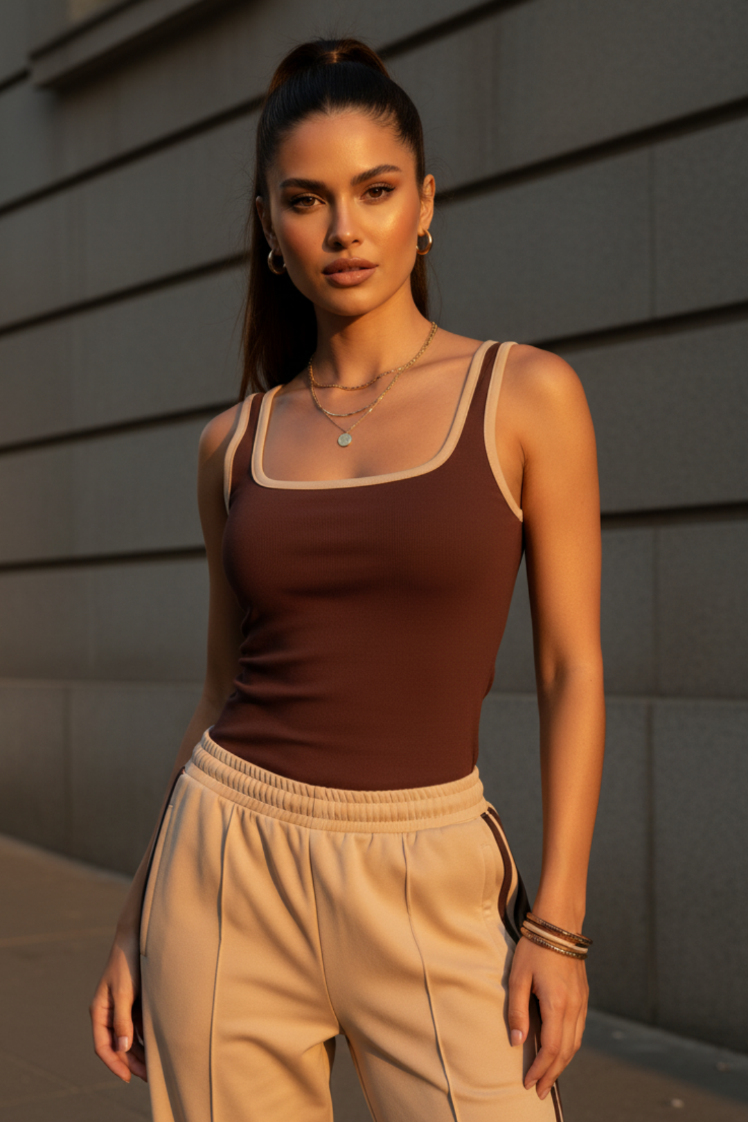 Women Brown Ribbed Tank Top– Cotton Blend