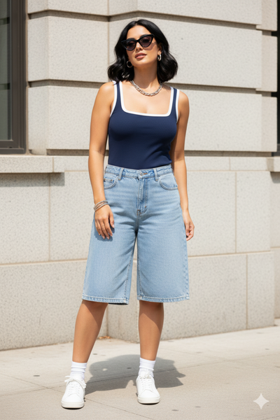 Women Navy Blue Ribbed Tank Top – Cotton Blend