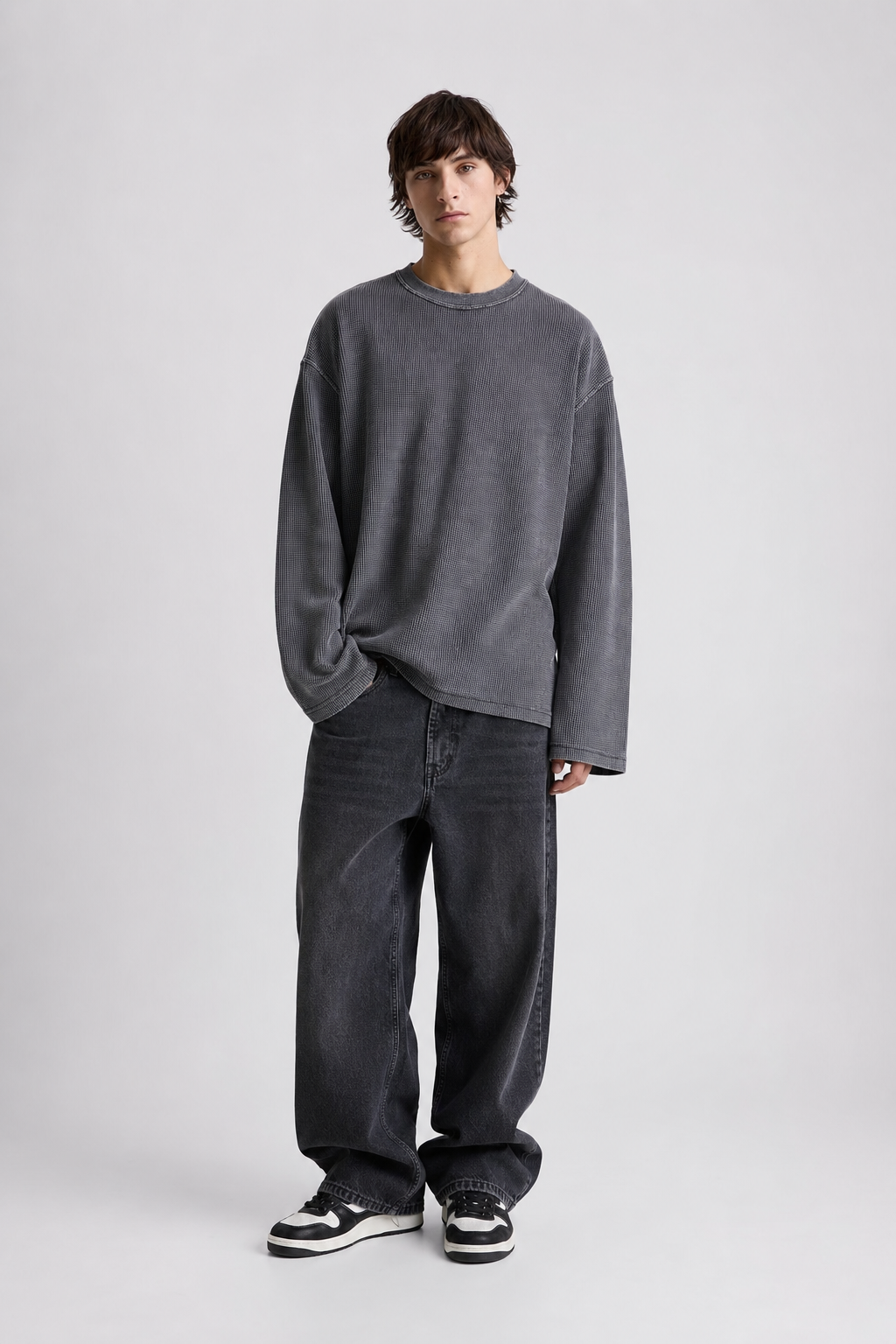 Grey Waffle knit t-shirt- Acid wash
