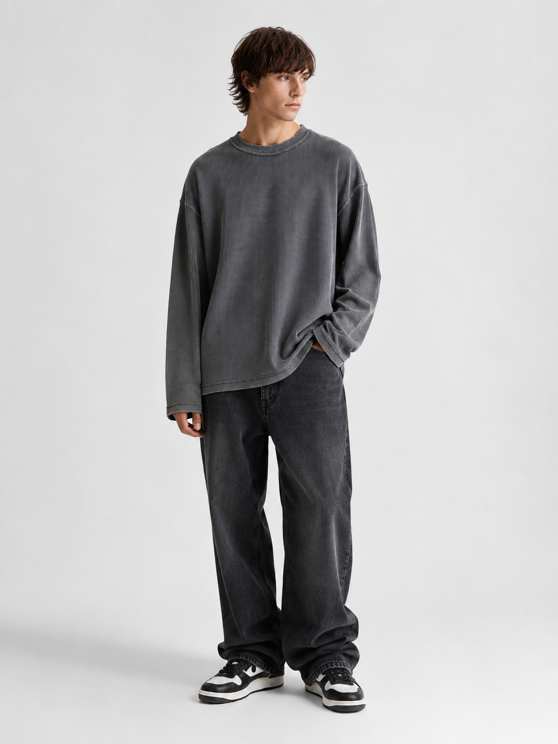 Grey Waffle knit t-shirt- Acid wash
