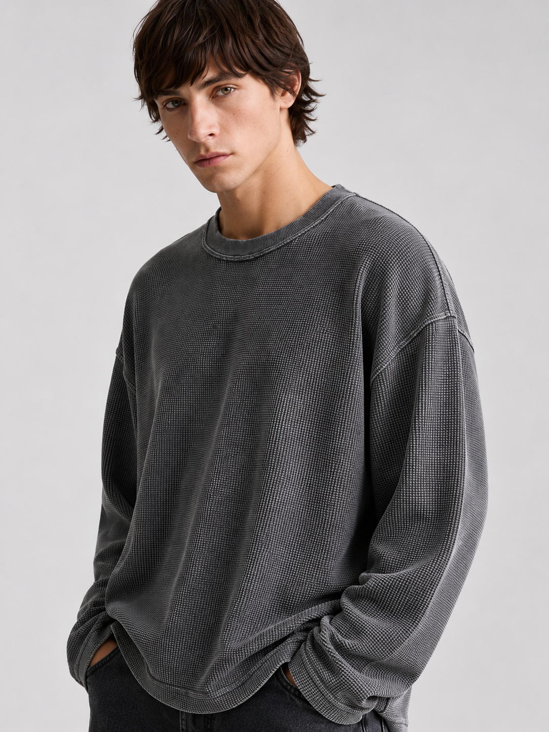 Grey Waffle knit t-shirt- Acid wash