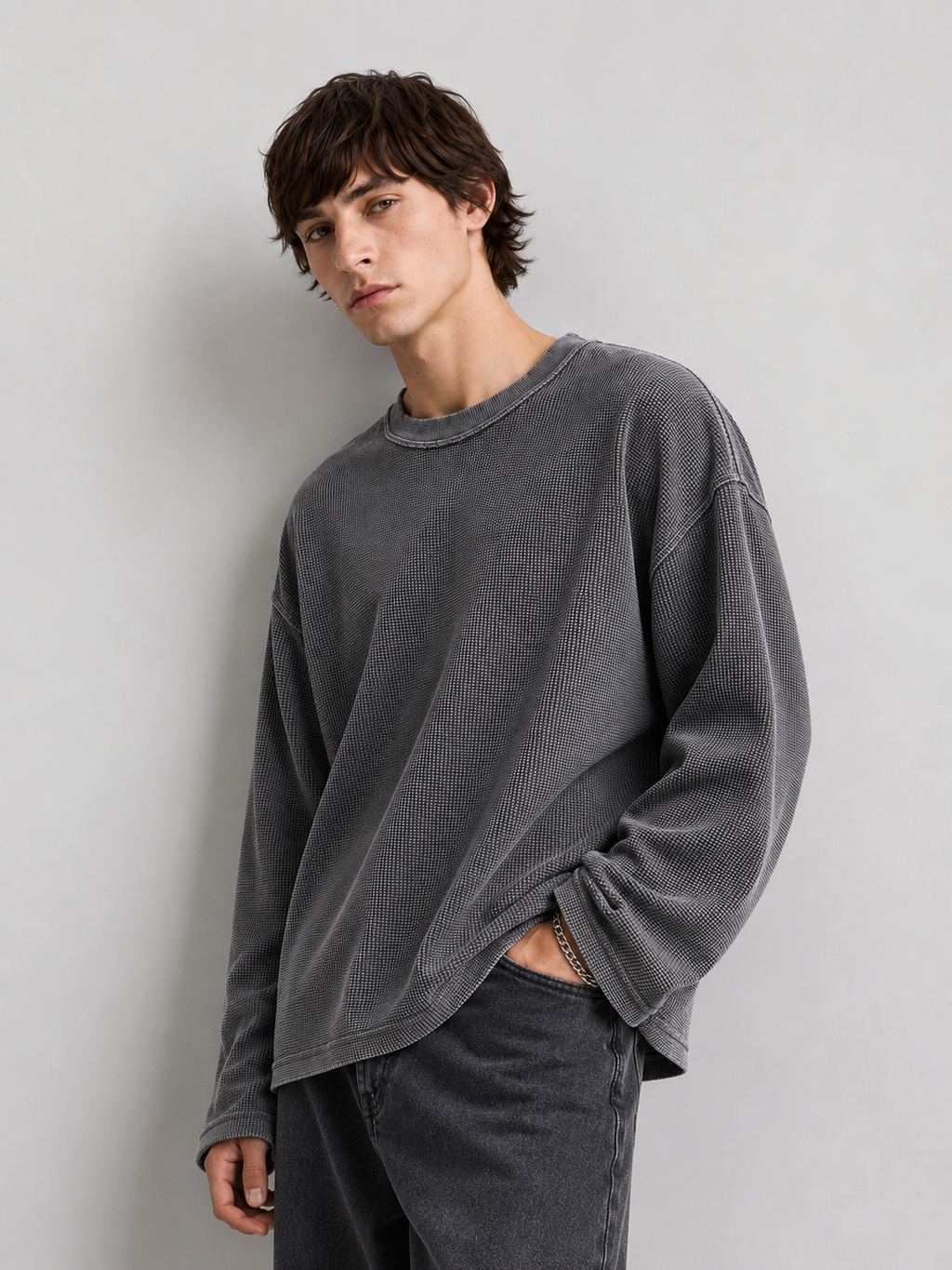 Grey Waffle knit t-shirt- Acid wash