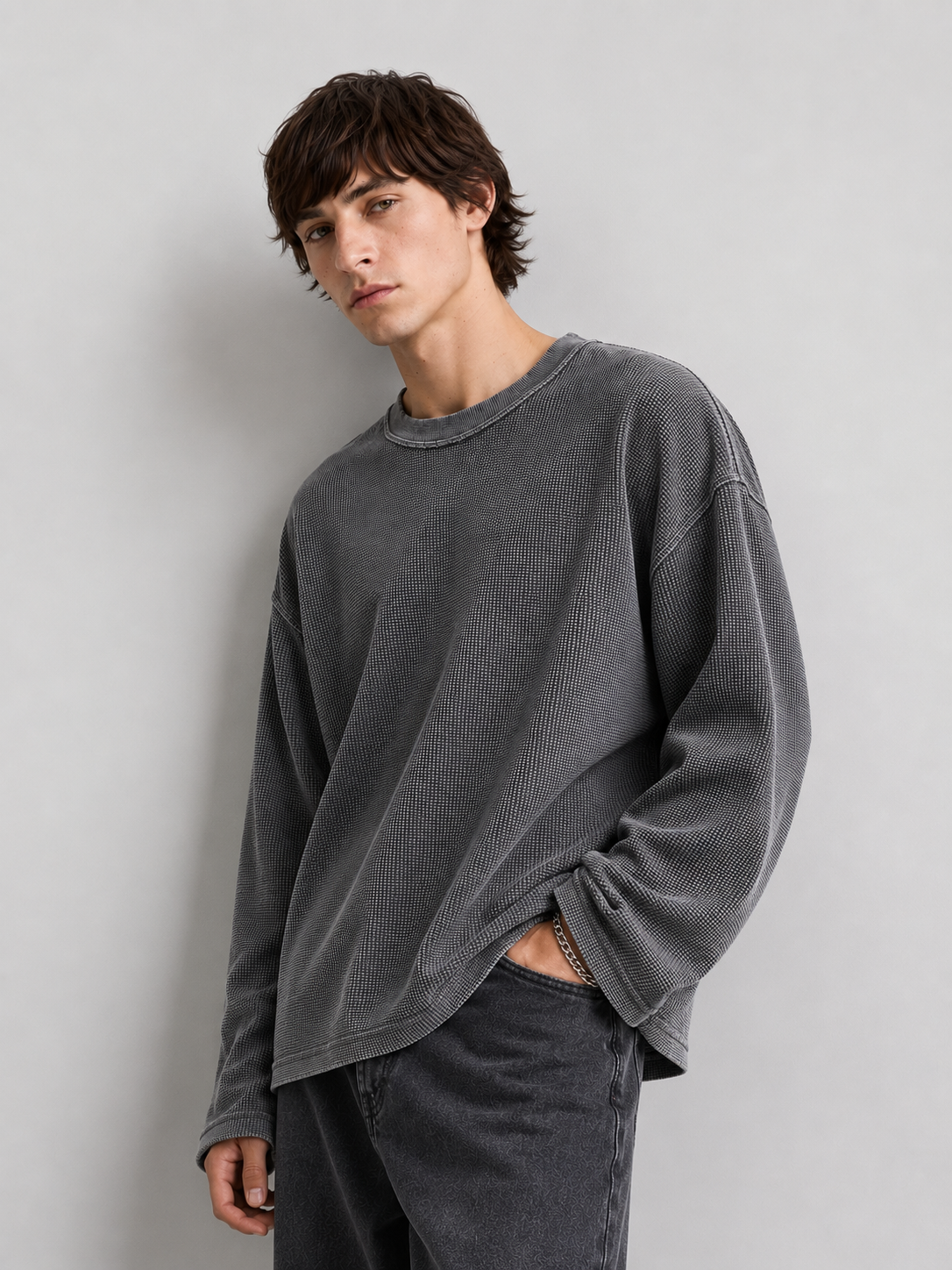 Grey Waffle knit t-shirt- Acid wash