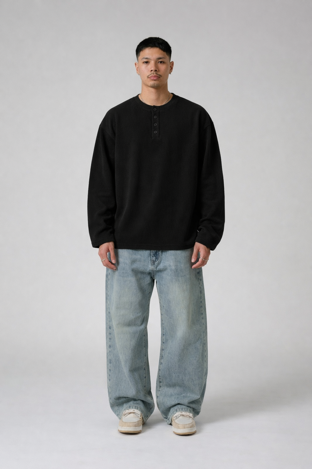 Black Henly T-shirt for Men- Waffle knit