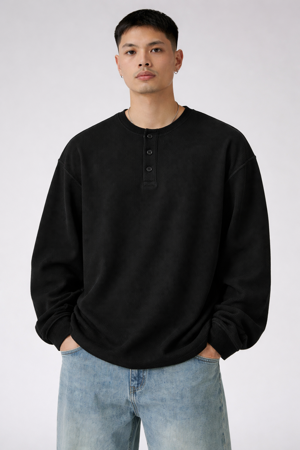 Black Henly T-shirt for Men- Waffle knit