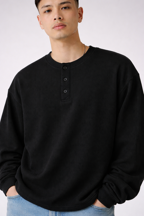 Black Henly T-shirt for Men- Waffle knit