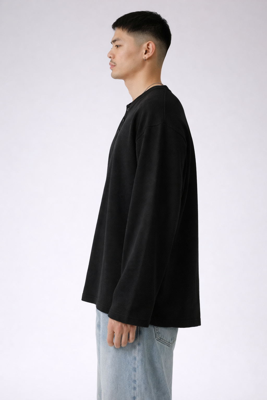 Black Henly T-shirt for Men- Waffle knit