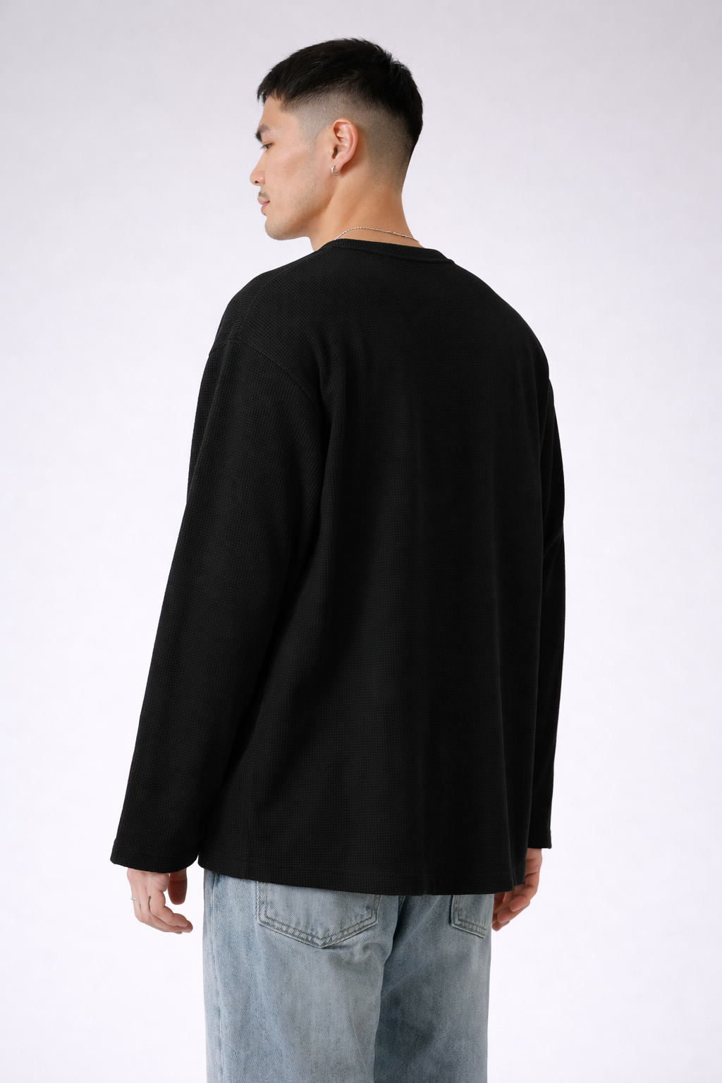 Black Henly T-shirt for Men- Waffle knit
