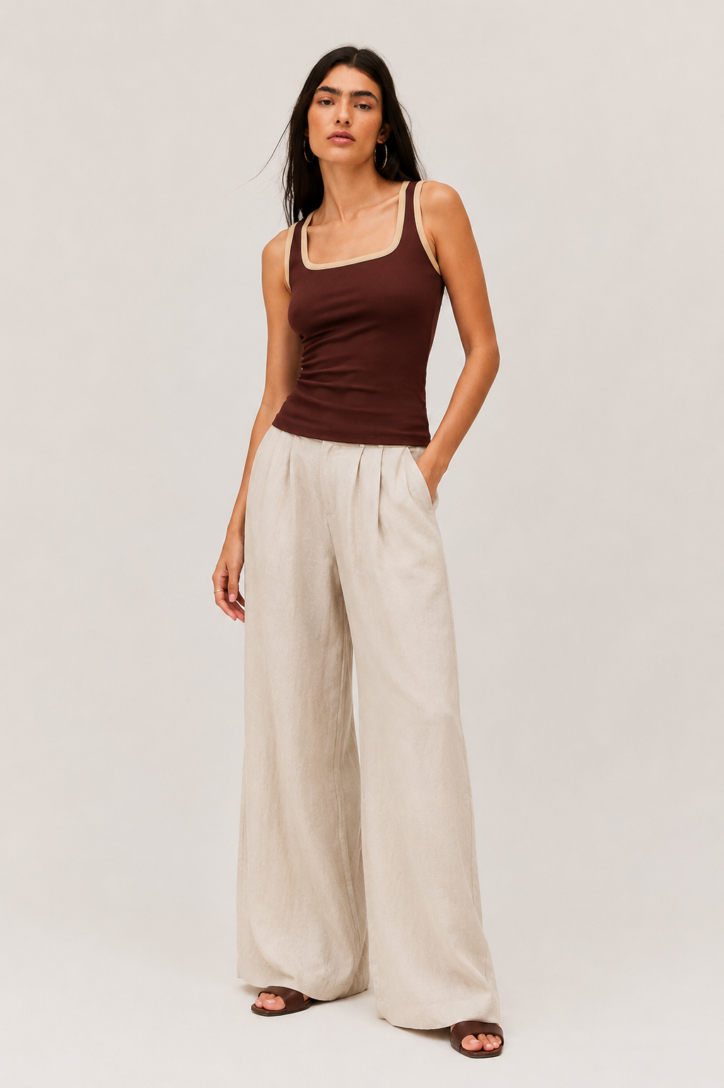 Women Brown Ribbed Tank Top
