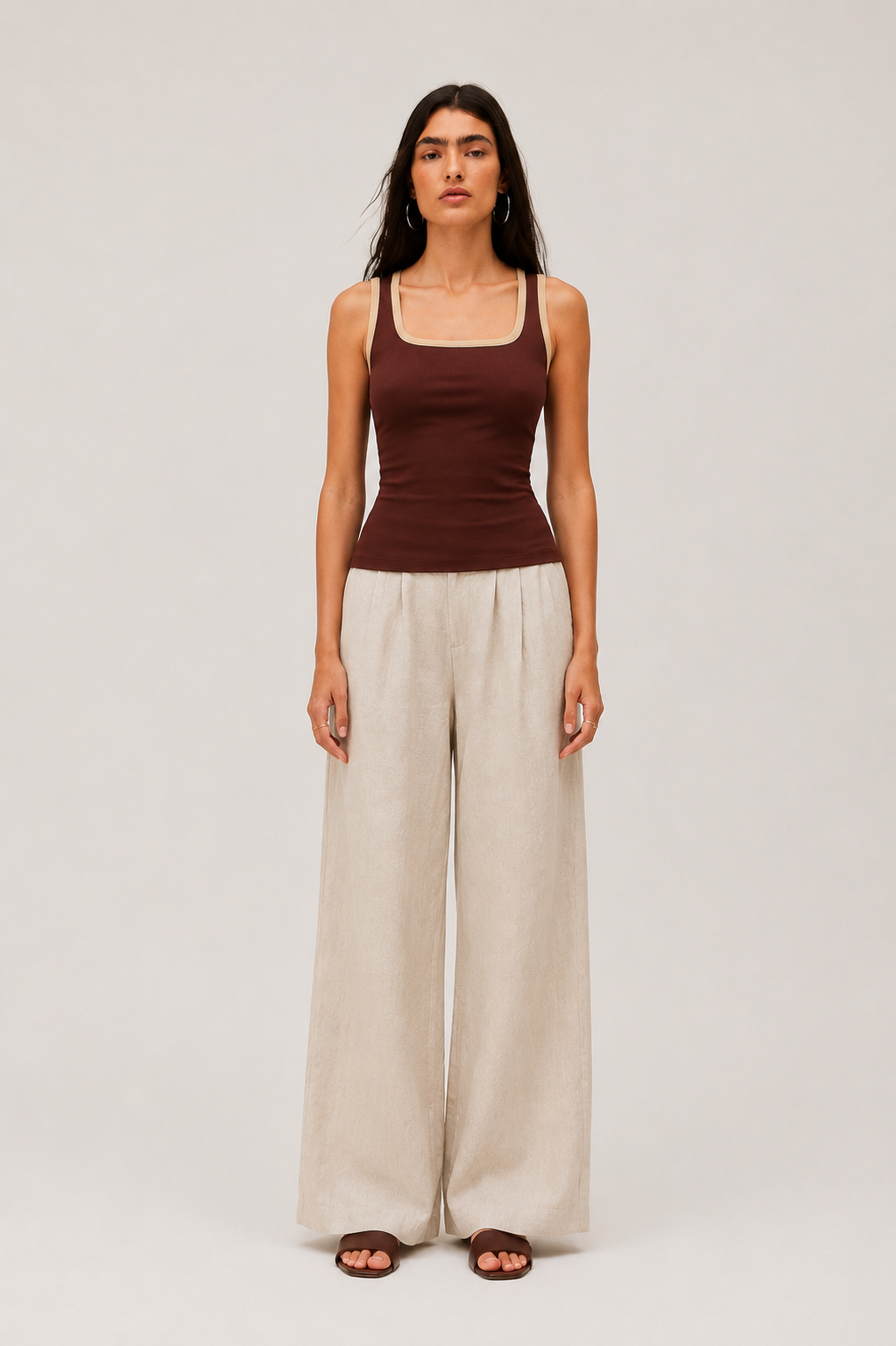 Women Brown Ribbed Tank Top