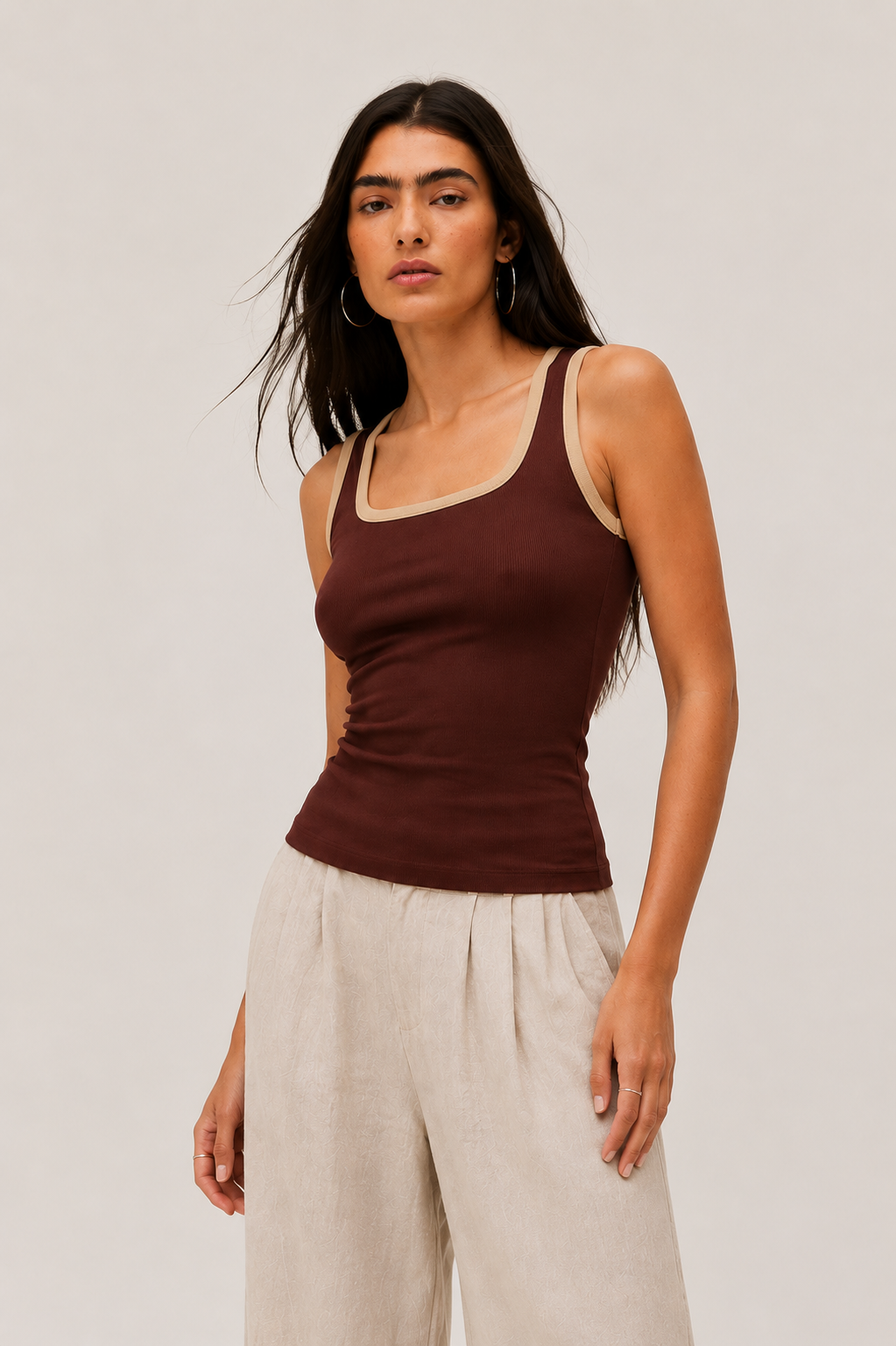Women Brown Ribbed Tank Top