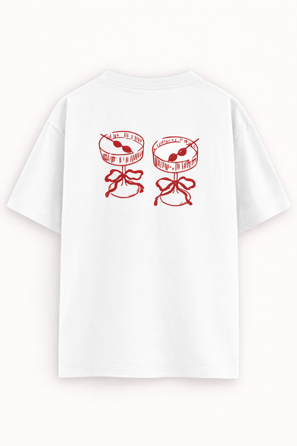White t-shirt with red graphics on a white background