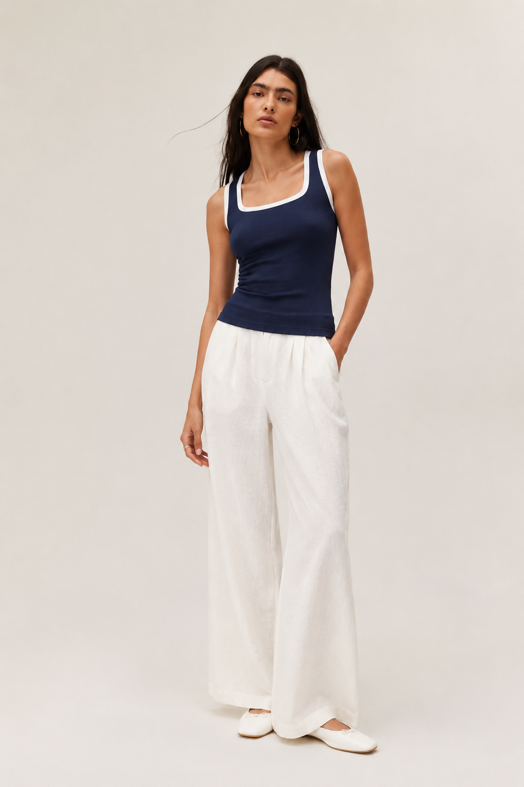Women Navy Blue Ribbed Tank Top