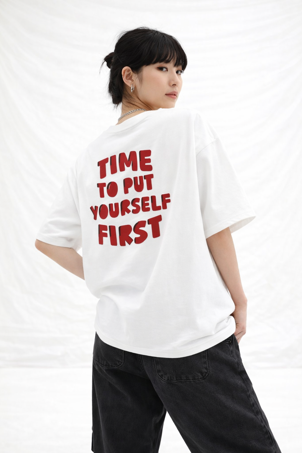 Women cotton printed oversized t-shirt India with loose fit silhouette by Urbanezy India