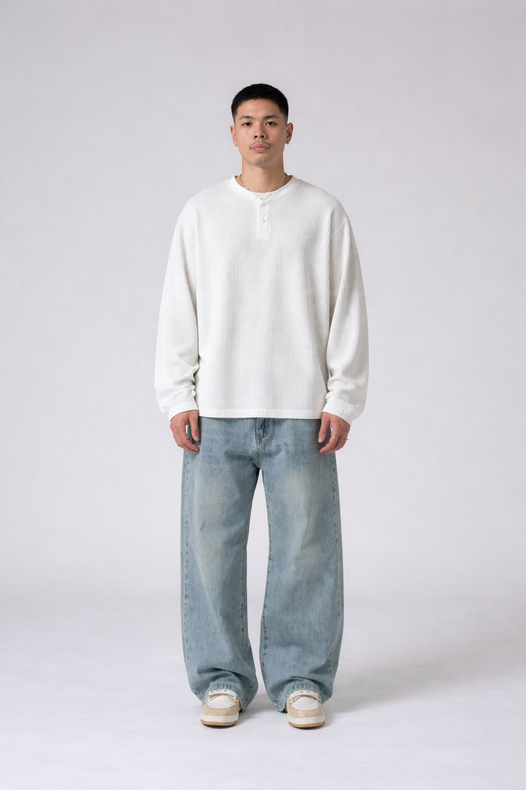 White Henley T-shirt for Men- Waffle Knit