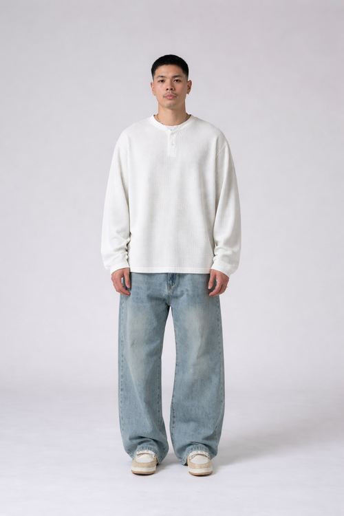 White Henley T-shirt for Men- Waffle Knit