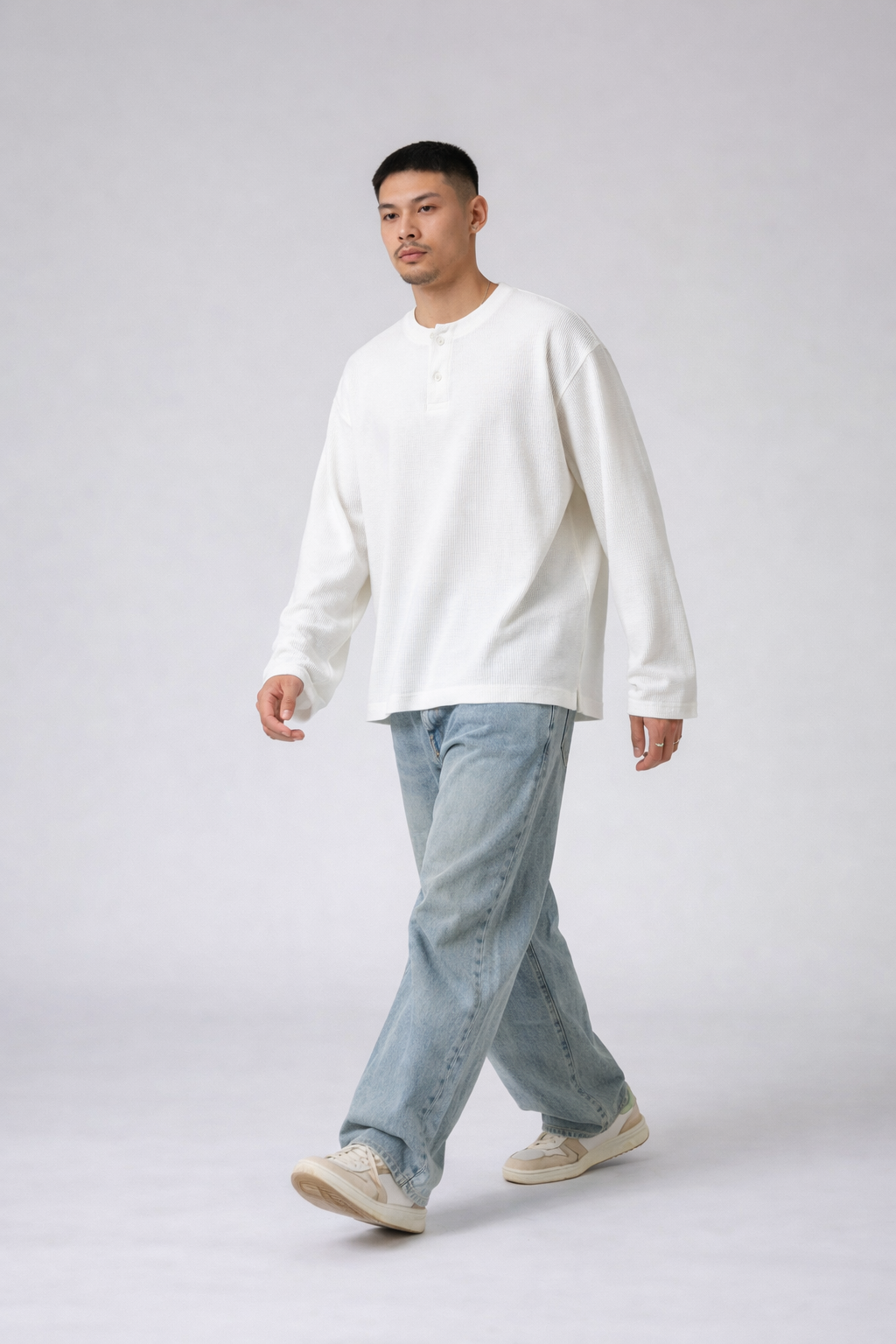 White Henley T-shirt for Men- Waffle Knit