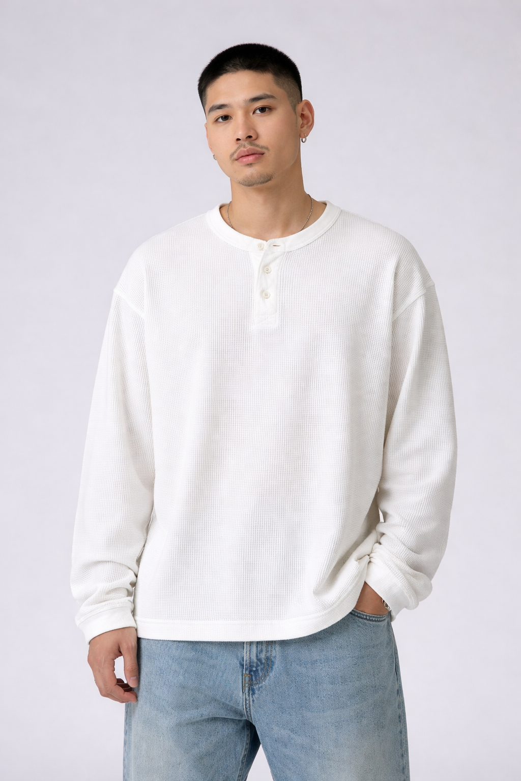 White Henley T-shirt for Men- Waffle Knit