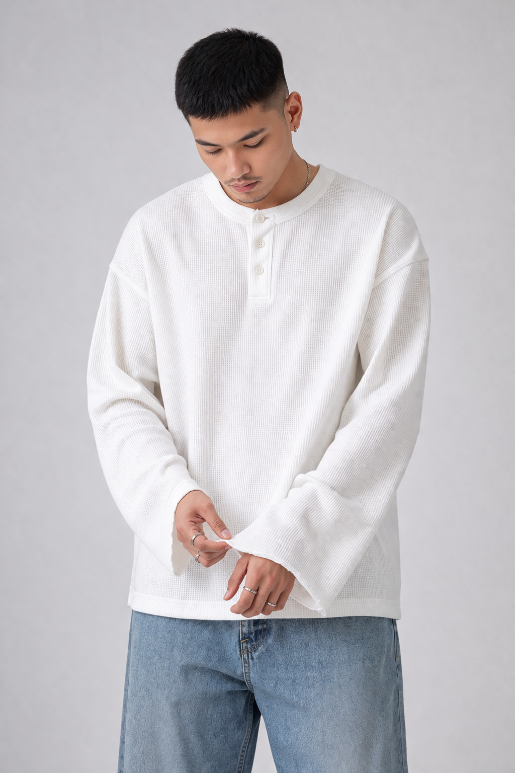 White Henley T-shirt for Men- Waffle Knit