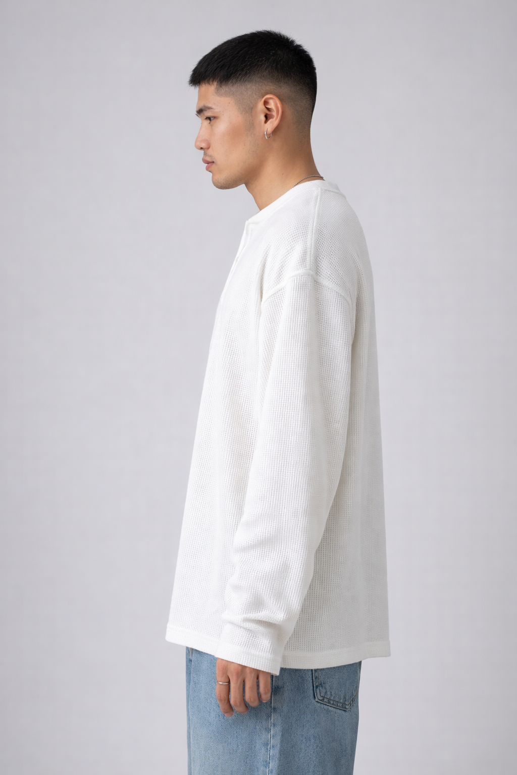 White Henley T-shirt for Men- Waffle Knit
